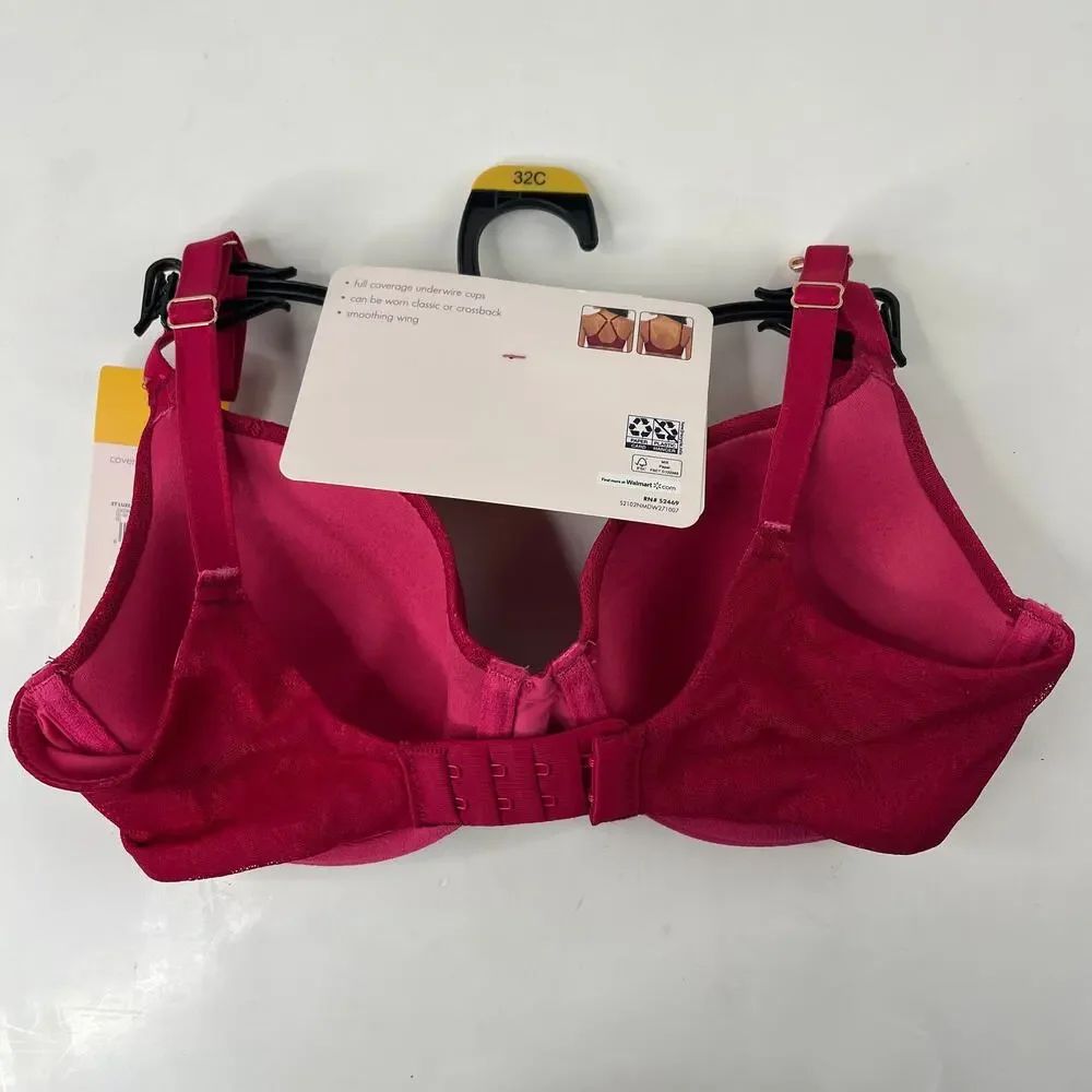 Secret Treasures Women's Red St Luxe Full Coverage Lace T-Shirt Bra 32C‎